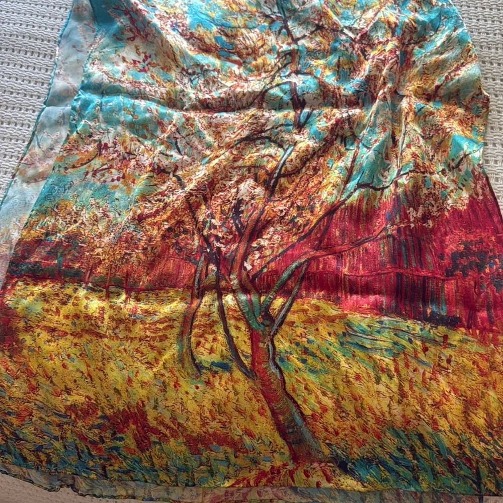 Vivid Color Landscape and trees  Print Scarf in silk 🌳 🌳 very long new w/o tags